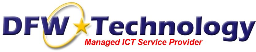 DFW Technology logo with a golden star and flowing swoosh through “DFW”; below, “Managed ICT Service Provider” in red text.