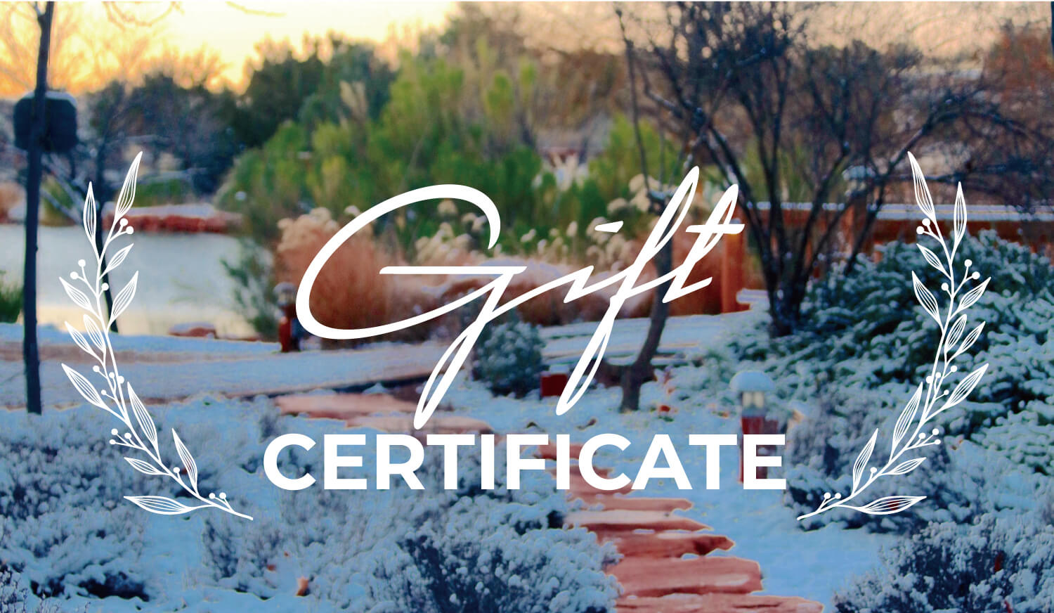 A peaceful winter scene with frosted trees and a snowy path, "Gift Certificate" in graceful script, framed by delicate leaf motifs.