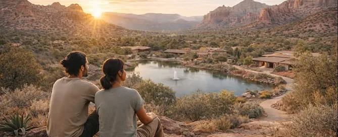 Two people sit peacefully on a hillside, gazing over a tranquil valley with a lake, fountain, and desert mountains at sunset.