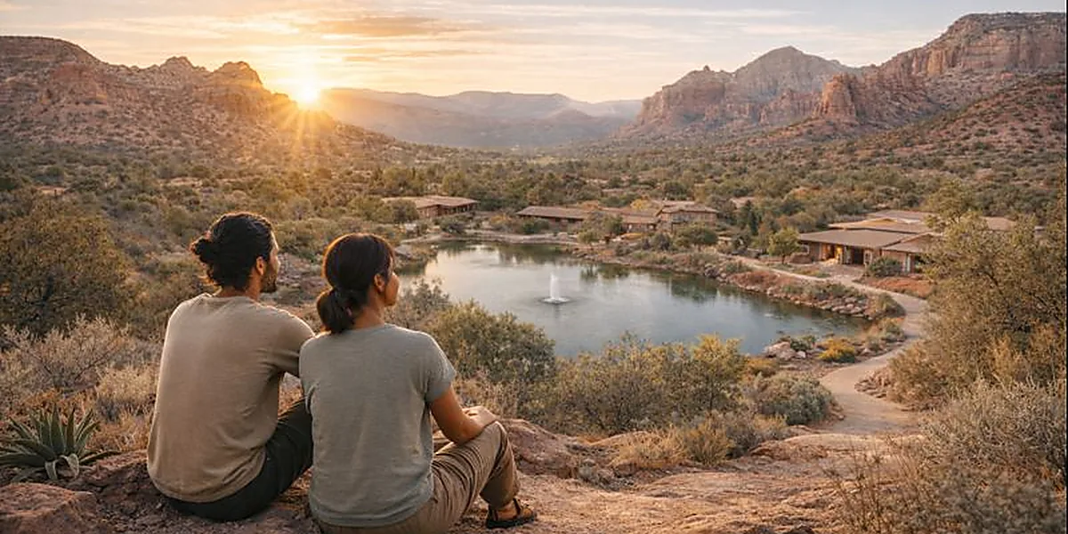 Two people sit peacefully on a hillside, gazing over a tranquil valley with a lake, fountain, and desert mountains at sunset.
