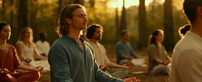 People sit cross-legged on yoga mats in a sun-dappled forest, peacefully meditating as golden light filters through the trees.