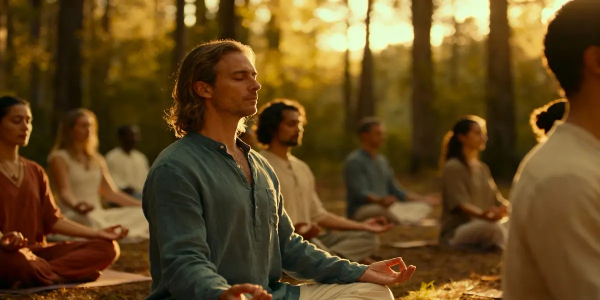 People sit cross-legged on yoga mats in a sun-dappled forest, peacefully meditating as golden light filters through the trees.
