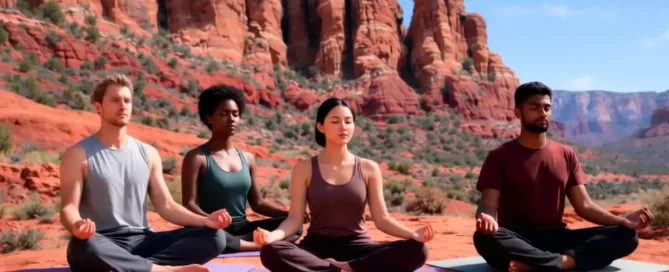 Four people meditate cross-legged on mats atop Sedona’s red rocks, calm and focused beneath a clear blue sky and majestic stone cliffs.