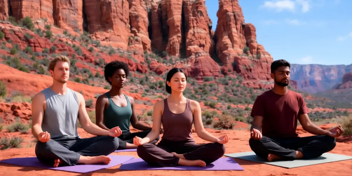 Meditation Retreats for Beginner Four people meditate cross-legged on mats atop Sedona’s red rocks, calm and focused beneath a clear blue sky and majestic stone cliffs.