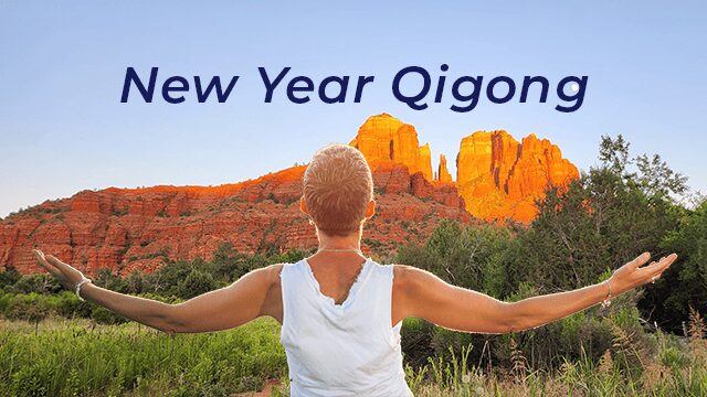 A person with short hair opens their arms to Sedona’s sunlit red rocks, embraced by greenery below a pure blue sky. New Year Qigong above.