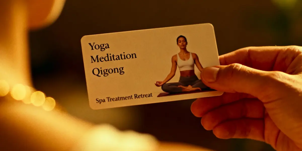A serene hand holds a retreat card: Yoga, Meditation, Qigong, Spa Treatments. A peaceful woman sits cross-legged in meditation.