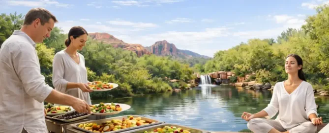 Three friends gather by a tranquil lake with mountains; two select fresh buffet food, while one meditates, waterfall behind them.