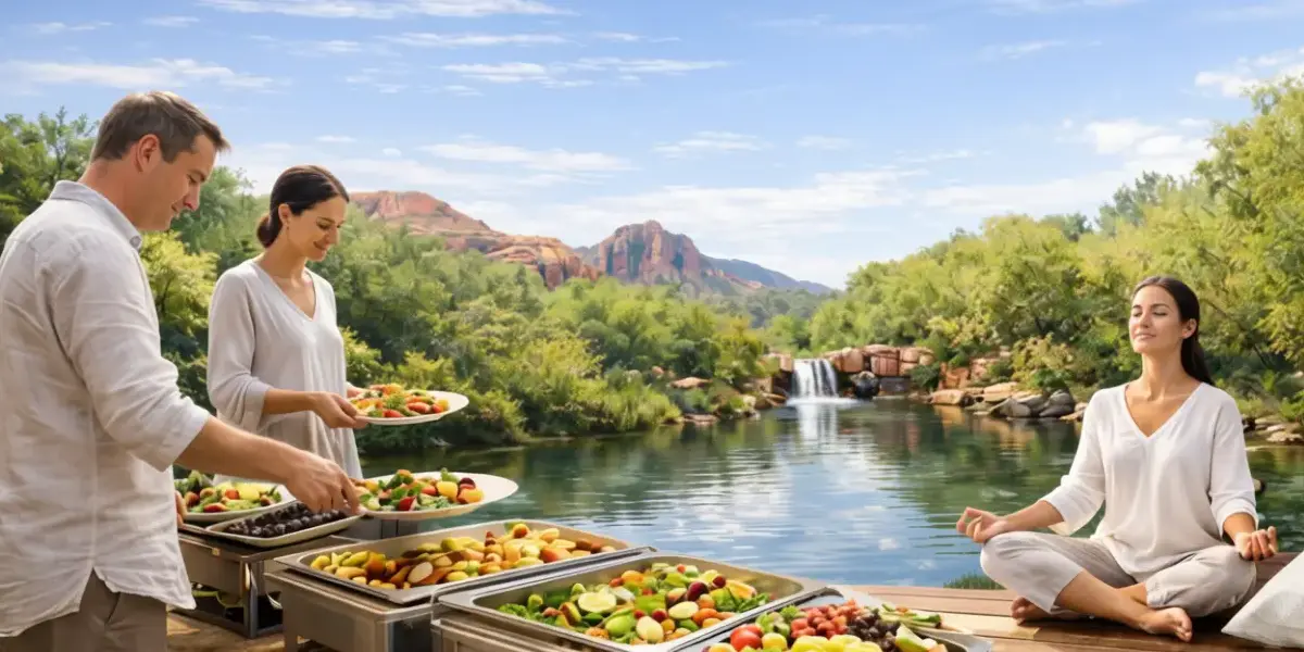 Three friends gather by a tranquil lake with mountains; two select fresh buffet food, while one meditates, waterfall behind them.