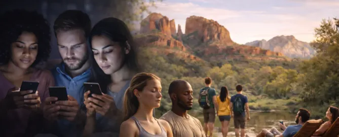 A blended image shifts from three people absorbed in phones to groups hiking, meditating, and relaxing by a river near red rock mountains.