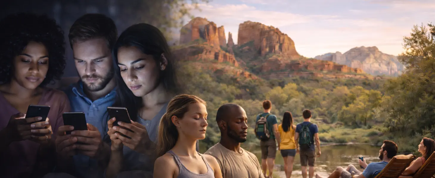 The Benefits of Unplugging and H A blended image shifts from three people absorbed in phones to groups hiking, meditating, and relaxing by a river near red rock mountains.