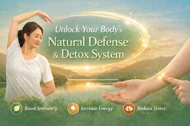 A woman stretches peacefully by a sunrise lake, with text: Unlock Your Body’s Natural Defense & Detox System. Icons: Boost Immunity, Increase Energy, Reduce Stress.