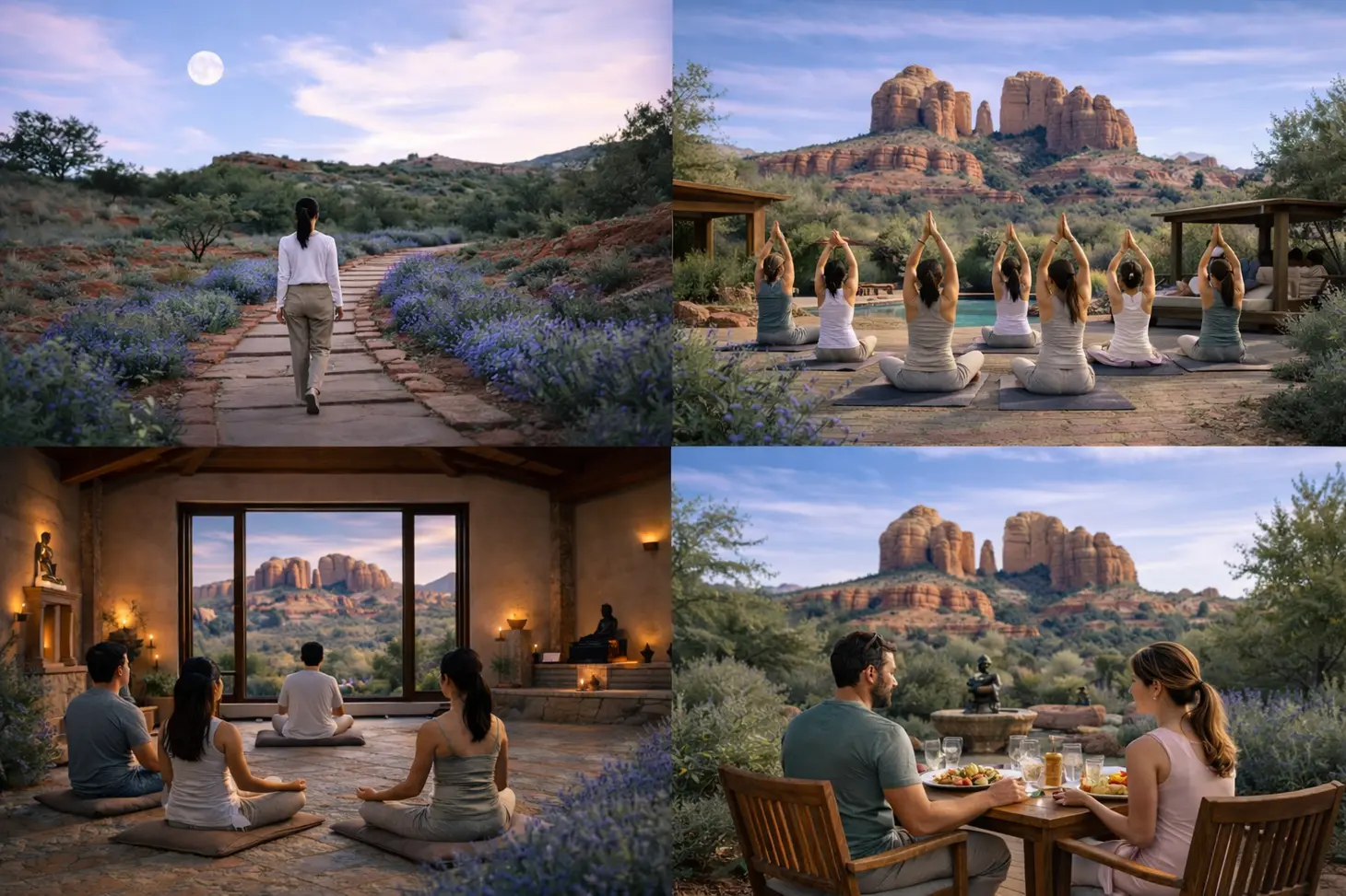 Holistic Retreat Center Guide A collage shows mindful moments: walking a sunset garden path, outdoor yoga by red rocks, indoor meditation, and dining near hills.