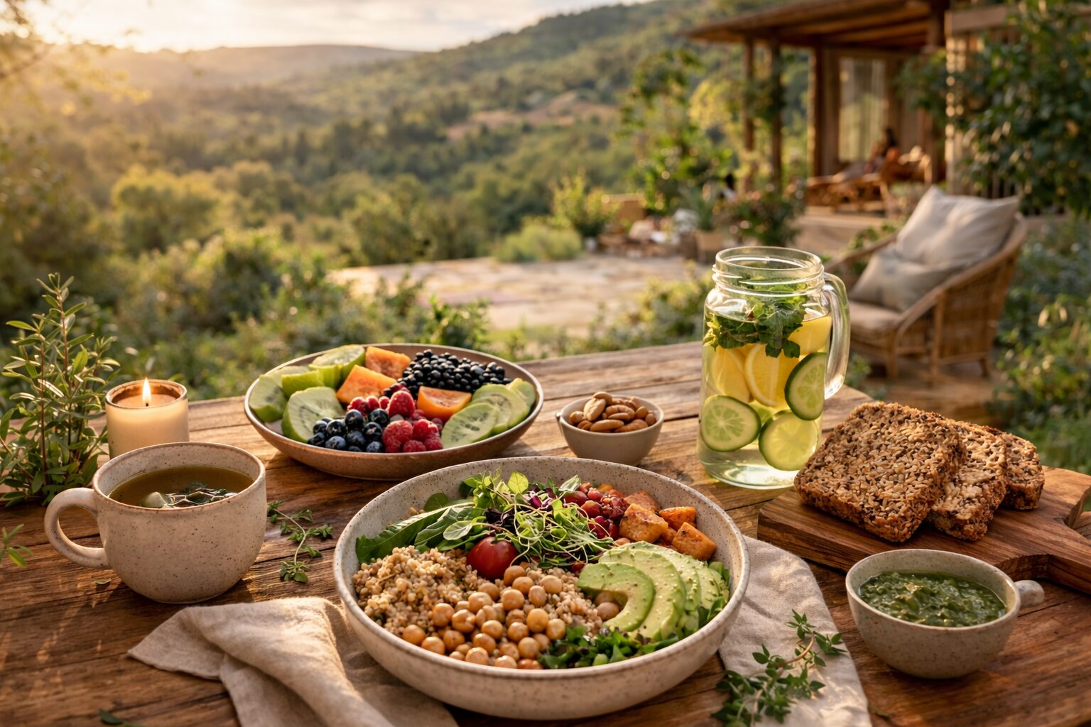 Nourish Your Body and Mind at a Gluten-Free Retreat Center An outdoor wooden table with salad, fruit, nuts, lemon-mint water, bread, and soup set against sunset hills and tranquil greenery.
