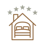 A gentle brown and gray line drawing of a house with a garage door, grounded under a floating cloud above the calm roof.