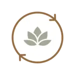 A tranquil gray lotus flower rests at the heart of a white circle, gently encircled by a thin brown ring softly interrupted on two sides.