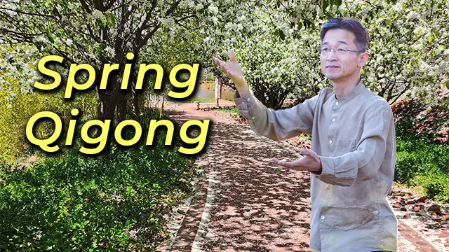 A man in light attire practices Qigong on a tree-lined path amid spring blooms. "Spring Qigong" glows in bold yellow letters at left.