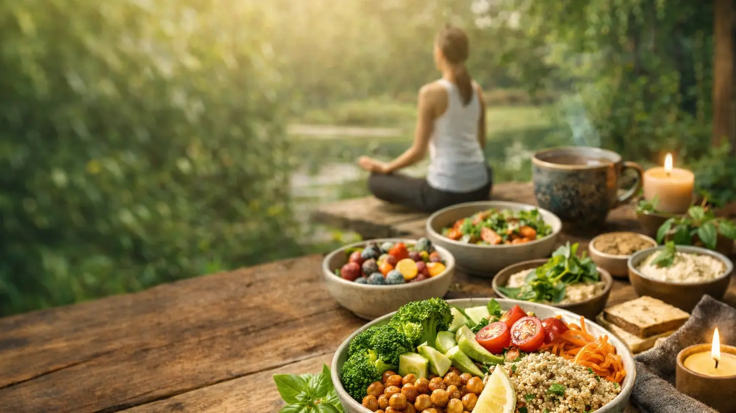Ditch the Meat on Retreat Woman meditating at a wellness retreat with fresh vegetarian meals and plant-based dishes in a peaceful natural setting
