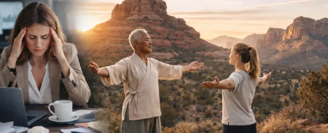 Stressed woman vs people practicing Qigong in Sedona, showing relief from modern stress