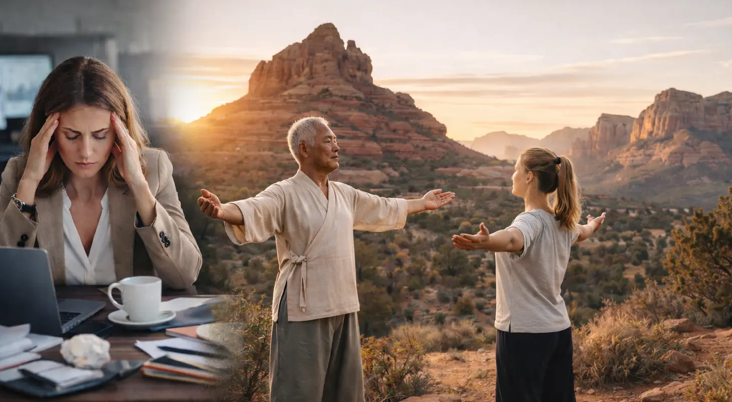 Exploring Qigong Retreats Stressed woman vs people practicing Qigong in Sedona, showing relief from modern stress