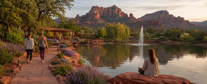 People walk on a path by a pond as another meditates near water, with fountain spray, greenery, red rocks, and sunset sky.
