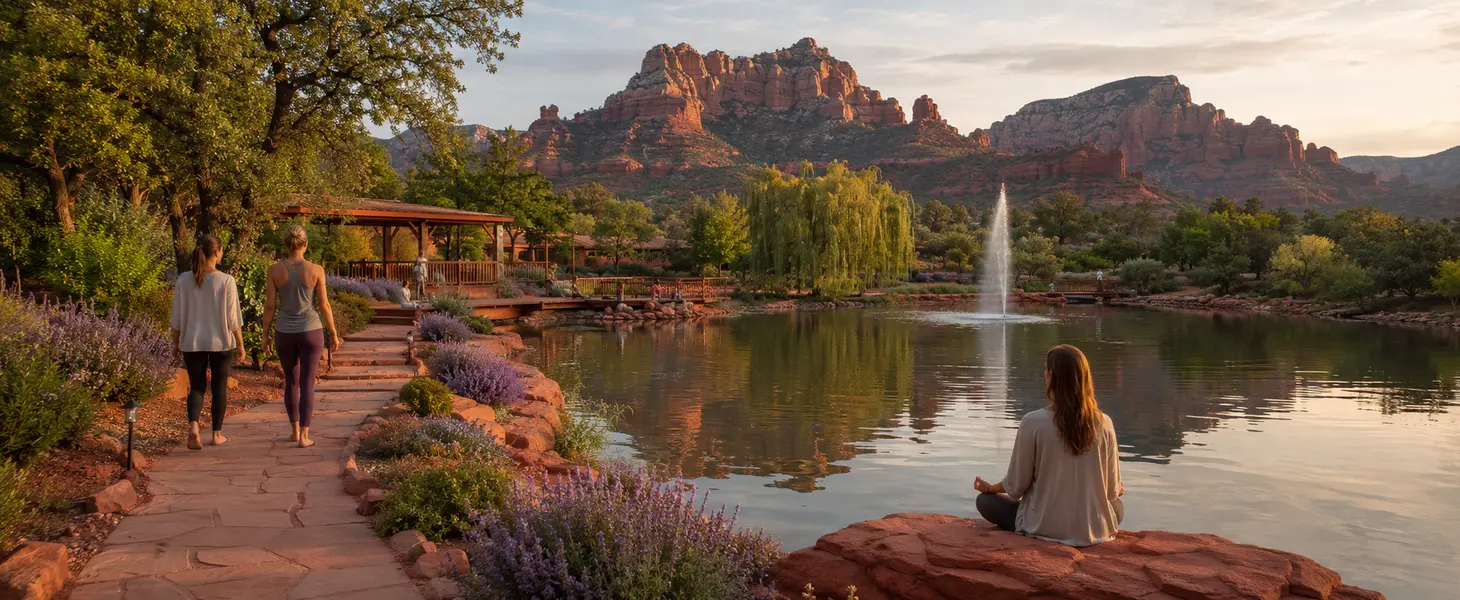 Outdoor Retreat Activities People walk on a path by a pond as another meditates near water, with fountain spray, greenery, red rocks, and sunset sky.