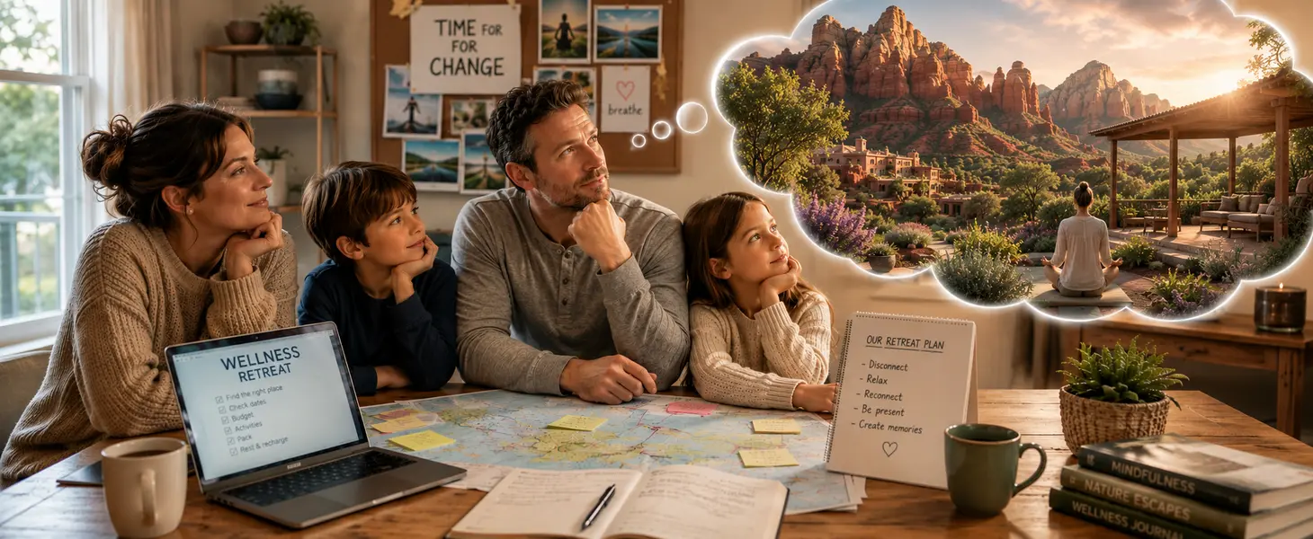 When Is the Best Time of Year fo A family plans a wellness retreat, gazing together at maps and a laptop, envisioning serene mountains and outdoor meditation.
