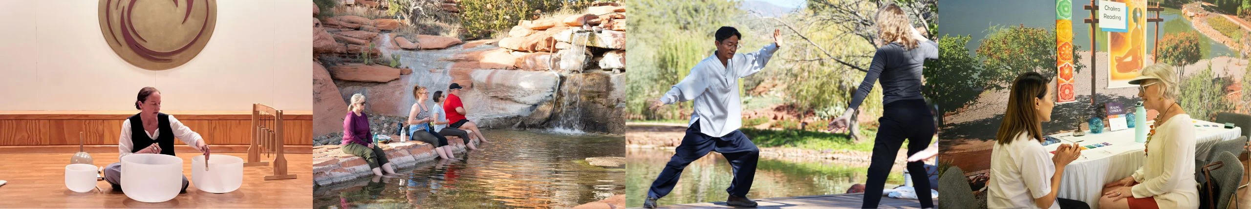 SM-founding-day-collage A collage depicts the harmony of sound healing with crystal bowls, peaceful creek meditation, outdoor Tai Chi, and a wellness gathering.