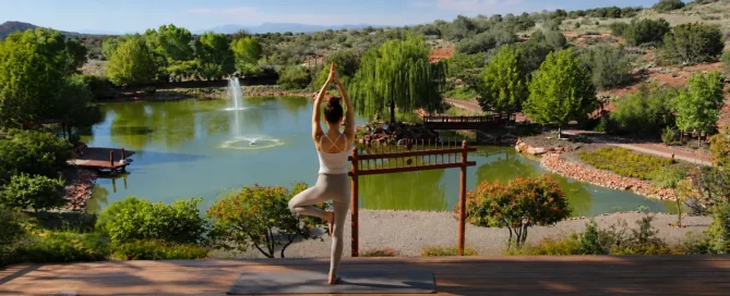 A person in tree pose practices yoga on a deck by a peaceful pond and fountain, embraced by lush green trees under a calm blue sky.