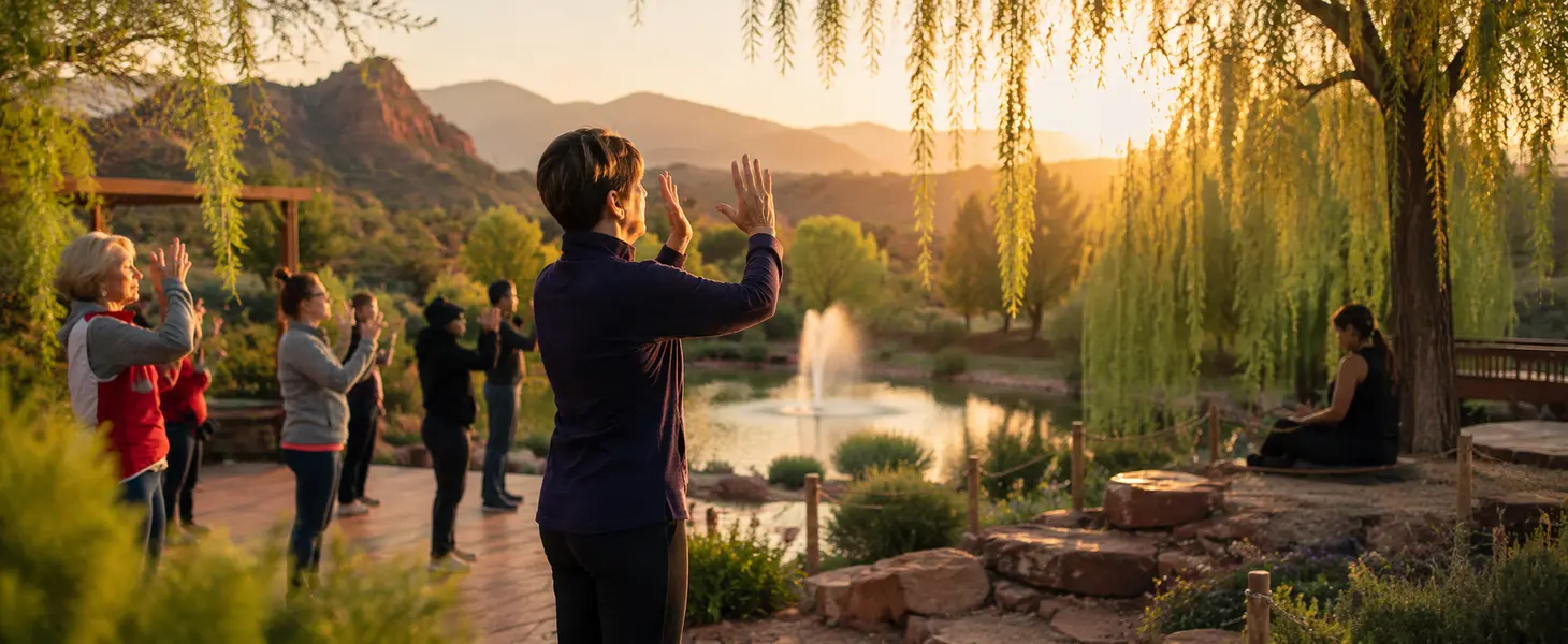 Beyond Stress Relief A peaceful group moves in harmony, practicing tai chi by a tranquil pond where a gentle fountain ripples beneath the golden glow of sunset. Majestic trees and embracing mountains offer their quiet presence, as one soul finds stillness in meditation beneath a graceful willow’s branches.