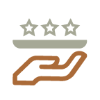 A graceful hand holds a tray aloft, three radiant stars floating above, evoking harmonious service and the energy of excellence.