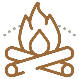Evening-Activities A gentle brown line illustration of a campfire, featuring two logs crossed at the base and a flowing, stylized flame rising above. Delicate dotted lines curve in an arch over the flame, bringing a sense of warmth and tranquility to the scene.