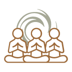 Three minimal line-drawn figures sit cross-legged, hands pressed gently together in prayer. Behind them, a luminous swirling circle radiates, evoking the energy of meditation and deep unity.