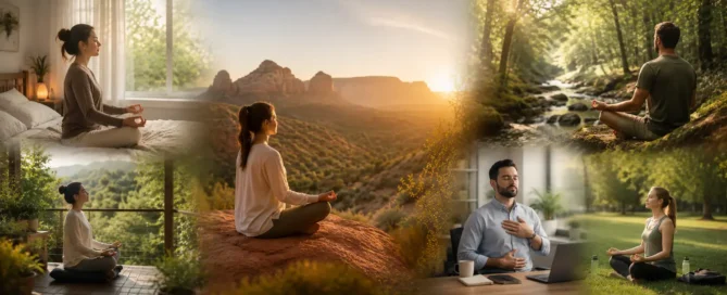 Six people meditate in serene, tranquil spaces: some seated indoors bathed in gentle light, others grounded amidst nature’s embrace—by a shimmering stream and atop a rock looking out over majestic mountains. Each scene radiates deep calmness and mindful presence.
