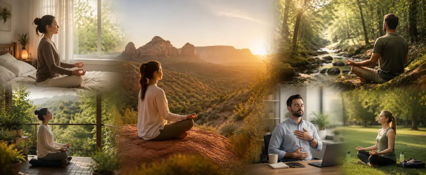 How Nature Heals Six people meditate in serene, tranquil spaces: some seated indoors bathed in gentle light, others grounded amidst nature’s embrace—by a shimmering stream and atop a rock looking out over majestic mountains. Each scene radiates deep calmness and mindful presence.