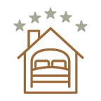 A tranquil brown outline of a house cradles a peaceful bed within its walls, as five gentle gray stars arc gracefully above the roof, evoking the serene promise of five-star accommodation and restful sanctuary.