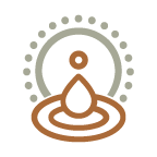 Scenic-Tours-and-Vortex-Experiences Minimalist icon of a water droplet gently hovering above ripples, encircled by harmonious patterns of dots and flowing lines. The design radiates tranquility, balance, and connection to nature with earthy brown and soothing light green hues on a soft, serene background.