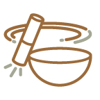 Sound-Healing A serene, stylized drawing of a bowl rests at the center, while above it a gently swirling stick suggests mindful mixing or stirring—an invitation to connect with the harmonious flow of preparing ingredients.