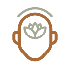 Spiritual-and-Healing-Sessions Gentle line drawing of a human head cradling a lotus blossom at its center, radiating the energy of mindfulness and tranquil presence. Soft brown and calming gray-green hues rest peacefully against a serene, light background.