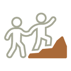Team-Building-Activities Two minimalist human figures; one gently extends a hand to assist the other up a brown hill, evoking harmony, connection, and shared journey.
