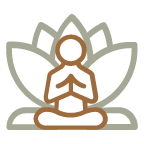 Gently outlined in earthy brown, a serene line drawing depicts a person sitting cross-legged, hands joined at the heart in a prayer gesture. Behind them, a softly stylized lotus flower radiates peace against a light gray background.