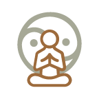 Yoga-and-Qigong-Sessions A gentle line illustration shows a serene figure meditating cross-legged, palms joined at the heart, with a soft, faded yin-yang symbol radiating peaceful balance in the background.