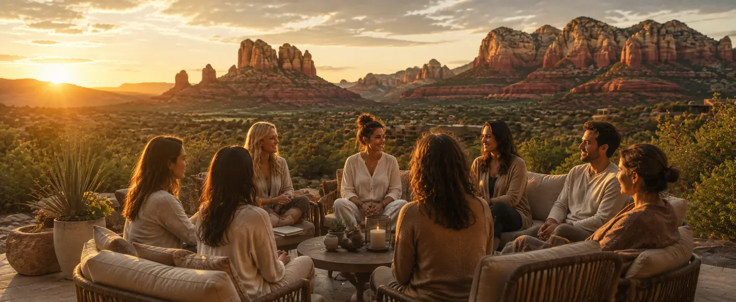 Small Group, Big Transformation Friends gather on outdoor sofas, sharing peaceful conversation as the golden sunset bathes them in gentle light. In the distance, Sedona’s majestic red rock mountains and a tranquil valley stretch beneath an expansive sky.