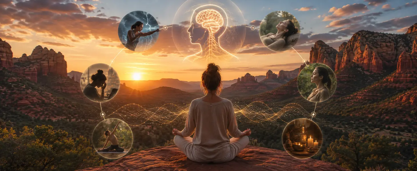 Stress Recovery and Nervous Syst A serene figure meditates atop a sun-warmed rock as the canyon glows at sunset. Around them flow gentle symbols of mindfulness, relaxation, and yoga, with a radiant brain illuminating the presence of mental clarity and harmony with the beauty of nature.