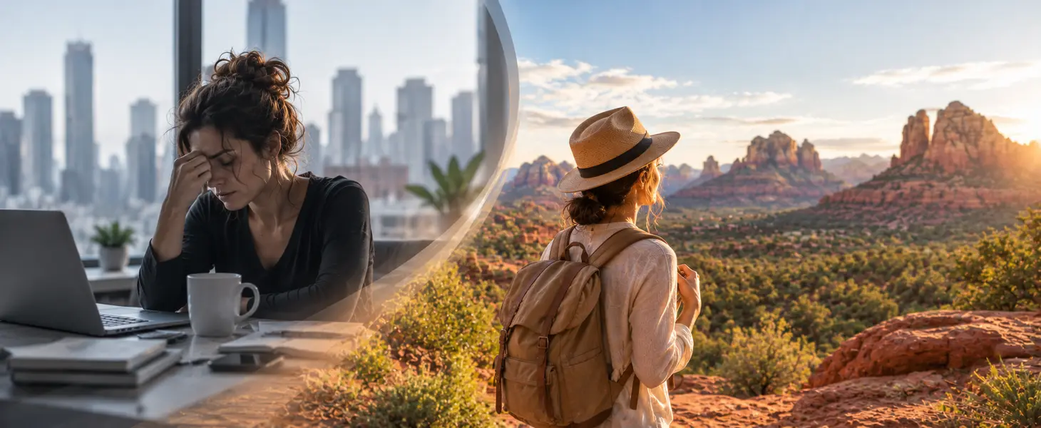 How Stress Relief Retreats Can H A woman sits at her city office desk, shoulders heavy and head in her hands, embodying the tension of work stress. In contrast, another woman stands with a backpack gazing into the vast tranquility of a desert landscape, inviting reflection and openness—her presence a gentle reminder of peace found in nature’s embrace.