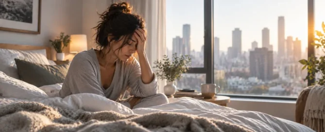 Bathed in morning light, a woman sits quietly on a bed in a bright bedroom, her hand gently cradling her head as she reflects with tiredness or stress. Beyond the expansive windows, the city skyline stretches out—an invitation to breathe deeply and reconnect amid life’s busyness.