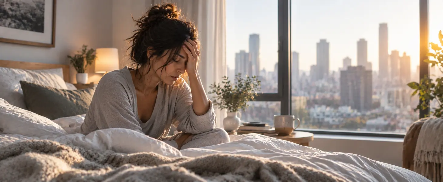 How To Recover From Chronic Stre Bathed in morning light, a woman sits quietly on a bed in a bright bedroom, her hand gently cradling her head as she reflects with tiredness or stress. Beyond the expansive windows, the city skyline stretches out—an invitation to breathe deeply and reconnect amid life’s busyness.