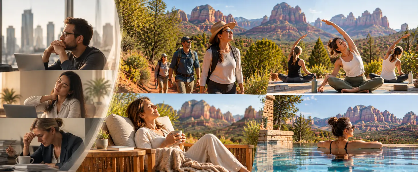 Namaste Optional- The Truth Abou A montage showcasing the journey from desk-bound work to the rejuvenation of Sedona Mago, with people hiking, practicing yoga, relaxing outdoors, and swimming against a backdrop of majestic red rock mountains.