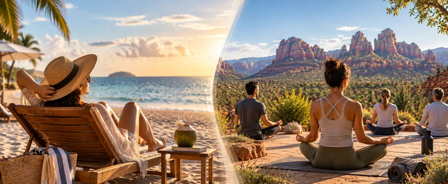 Wellness Retreat vs. Vacation- W A composite image capturing serenity, featuring a woman relaxing in a lounge chair on a beach at sunset on the left, and a group of people practicing yoga on a patio overlooking the sacred energy of red rock formations on the right.